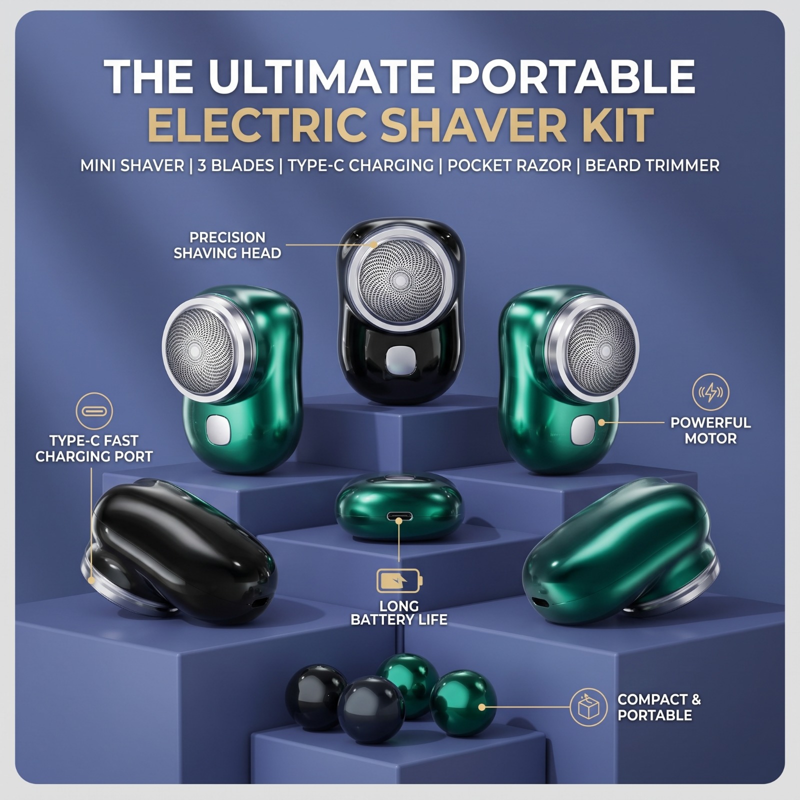 Mini Shaver 3 Blades Portable Electric Shaver Type-c Fast Charging Pocket Razor Beard Trimmer Shaving Machine