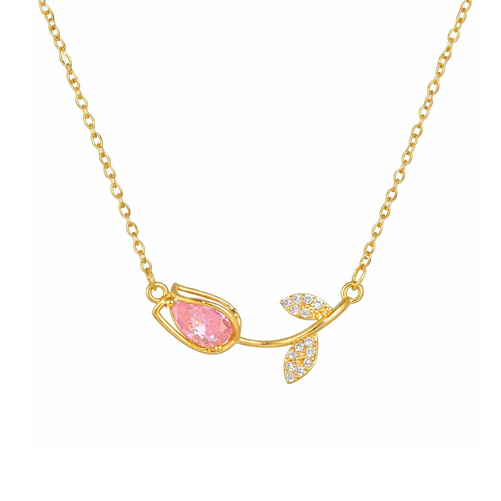18K Gold Plated Stainless Steel Initial Love Crystal Tulip Pendant Chain Choker Flower Necklace Link Chain Choker Necklace