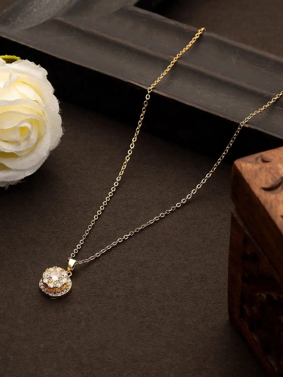 Gold-Plated Stones-Studded Pendant With Chain