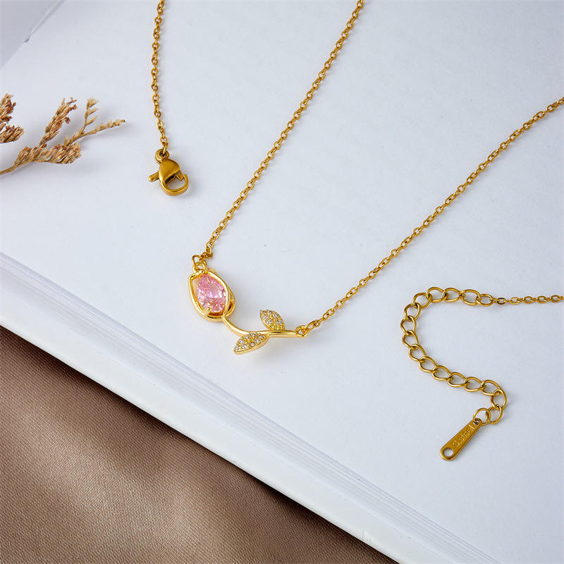 18K Gold Plated Stainless Steel Initial Love Crystal Tulip Pendant Chain Choker Flower Necklace Link Chain Choker Necklace