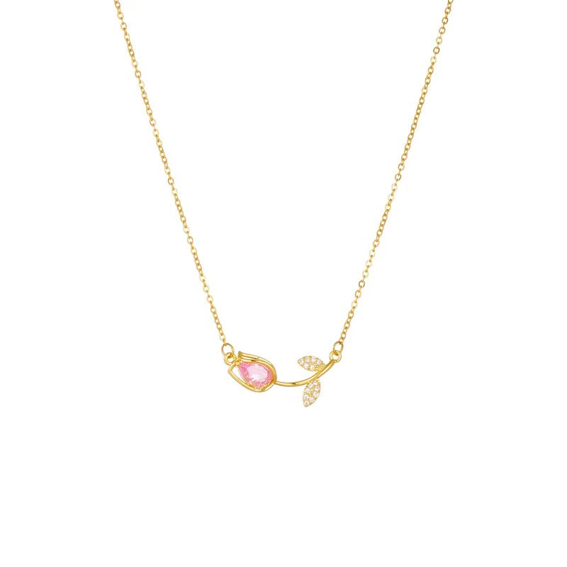 18K Gold Plated Stainless Steel Initial Love Crystal Tulip Pendant Chain Choker Flower Necklace Link Chain Choker Necklace