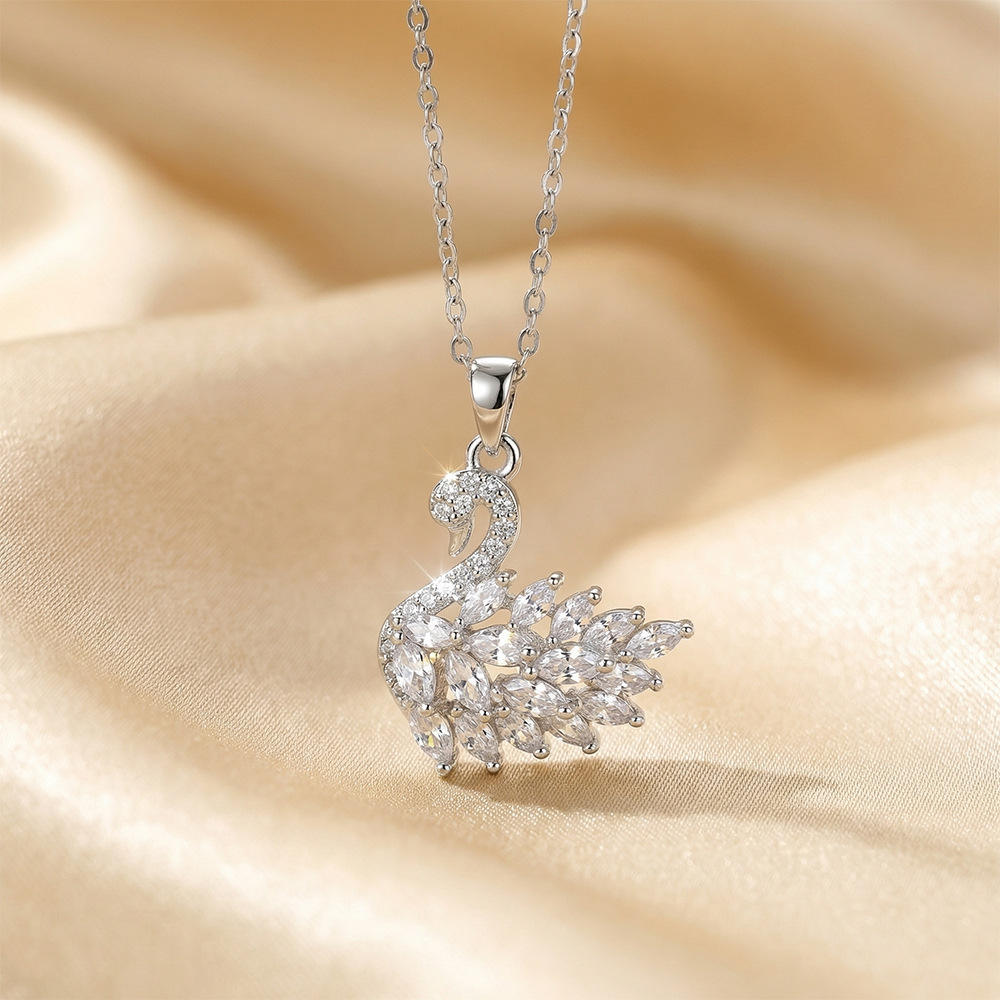 Trendy Swan Pendant Necklace with Crystal Stones & Cubic Zirconia Stylish Designer Jewelry Gift for Girls & Women