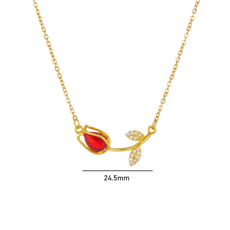 18K Gold Plated Stainless Steel Initial Love Crystal Tulip Pendant Chain Choker Flower Necklace Link Chain Choker Necklace