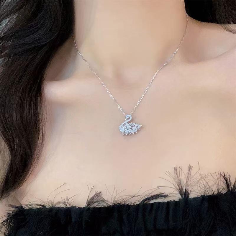 Trendy Swan Pendant Necklace with Crystal Stones & Cubic Zirconia Stylish Designer Jewelry Gift for Girls & Women